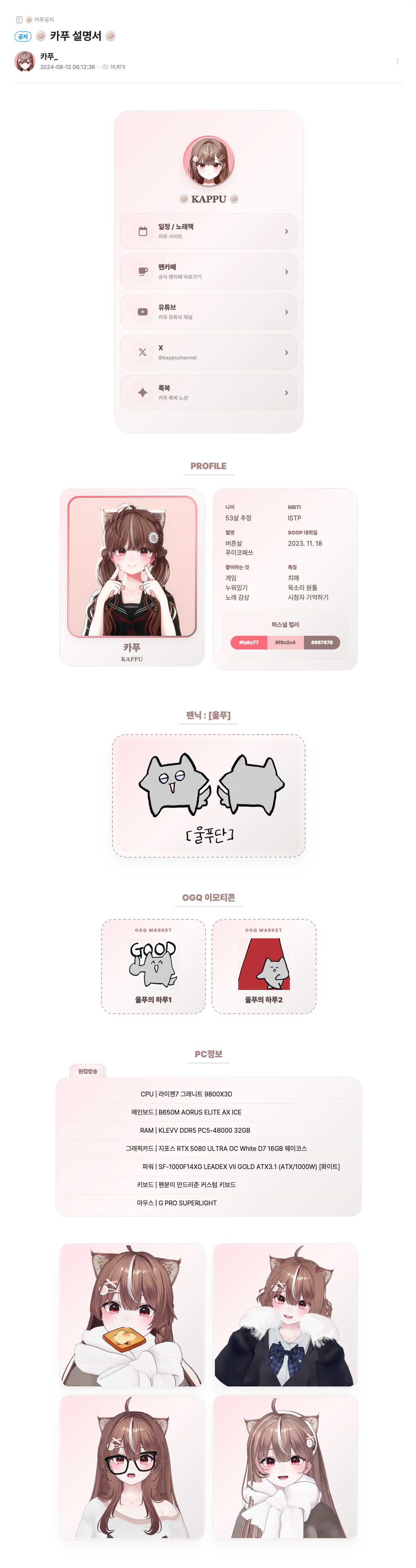 카푸의 링크와 프로필, 팬닉, PC 정보 등을 담은 SOOP 게시글 디자인